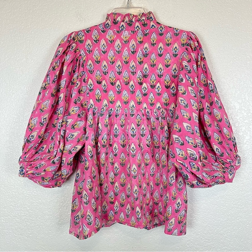 Sur La Vague Women's Pink Floral Puff Sleeve Flowy Ruffle Neck Blouse Small - Picture 7 of 12
